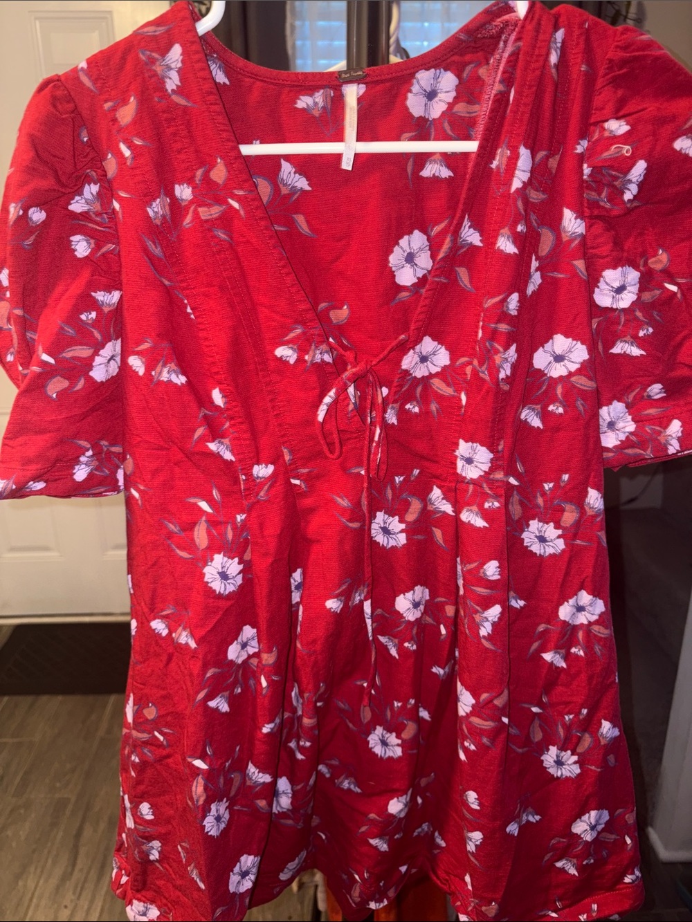 Free People Red Floral Tie-Front V-Neck Top XS